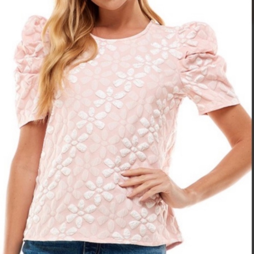 TCEC Pink Floral Textured Jacquard Top with Puff Short Sleeves - Picture 14 of 14